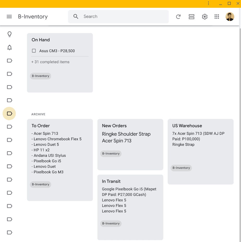 Managing inventory on Google Keep.