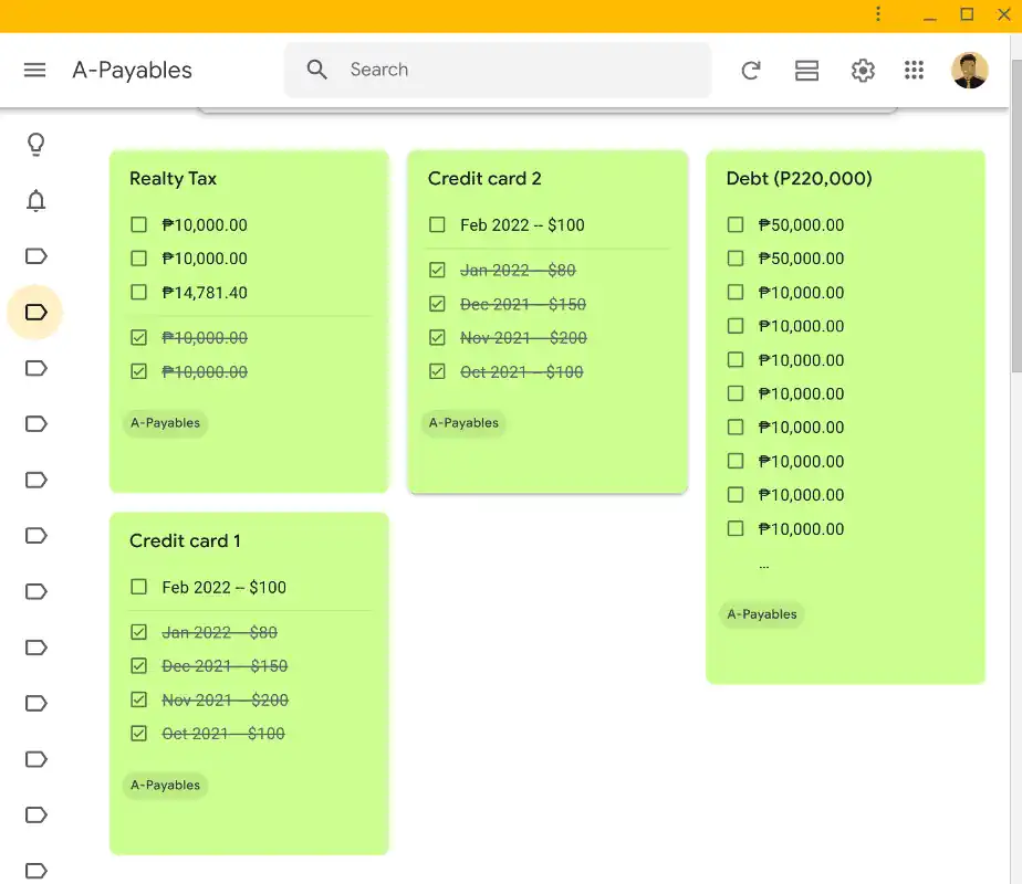 Managing receivables on Google Keep.