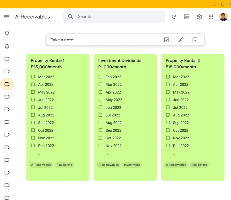 Managing receivables on Google Keep.