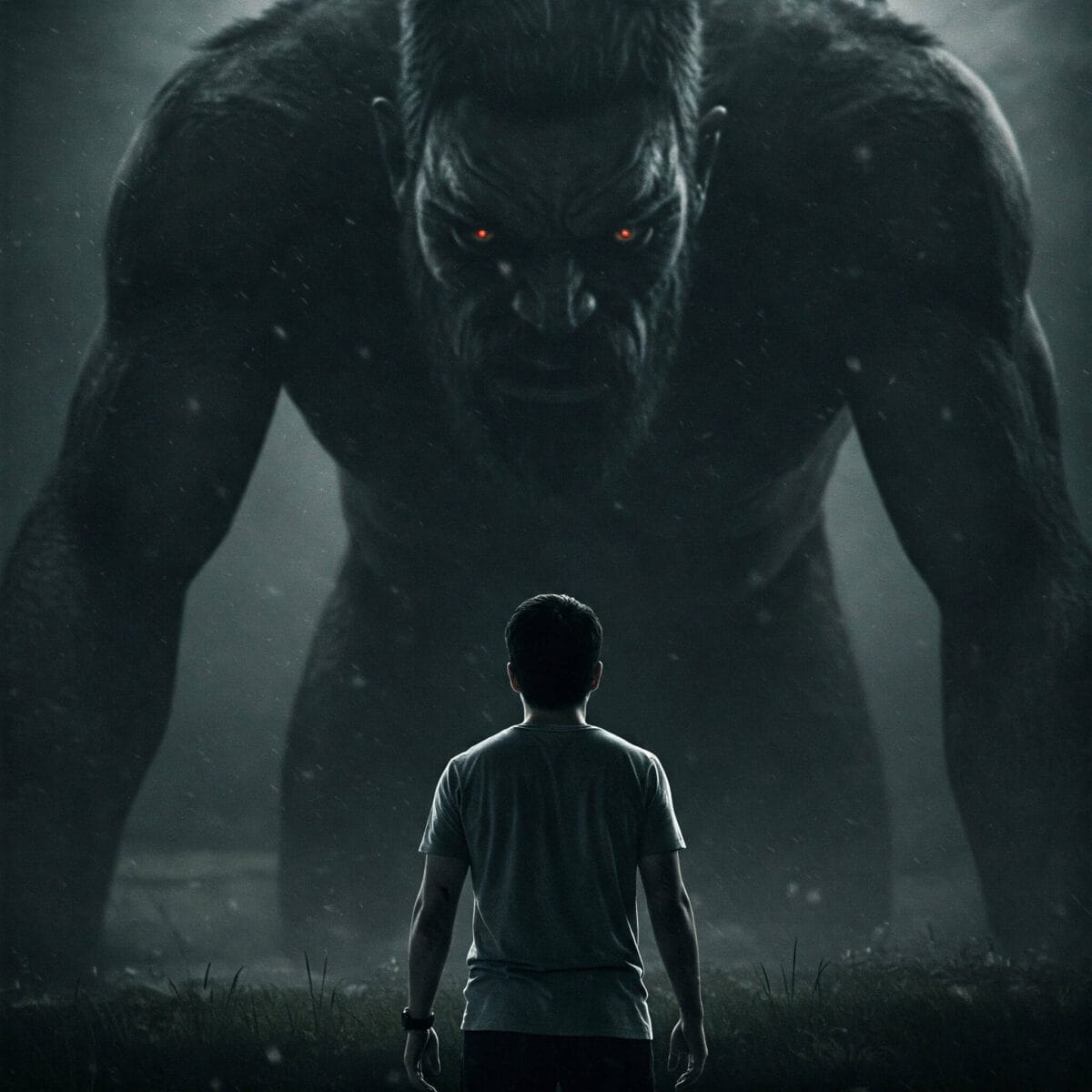 A lone man stands bravely against a towering giant.
