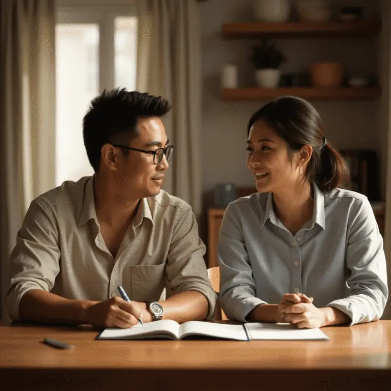 A Filipino couple smiles at each other while sitting at a wooden table with an open notebook and pen, collaboratively planning and promoting financial wellness in the family.
