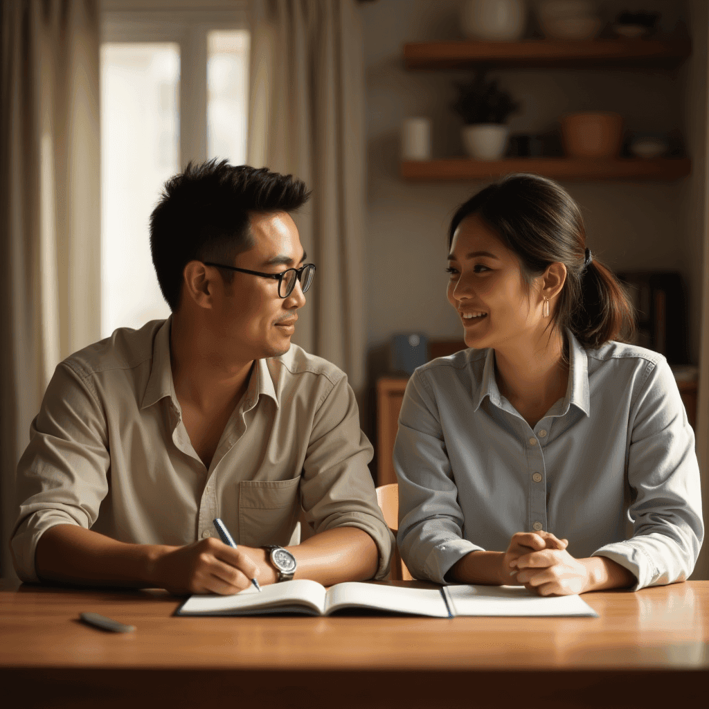 A Filipino couple smiles at each other while sitting at a wooden table with an open notebook and pen, collaboratively planning and promoting financial wellness in the family.