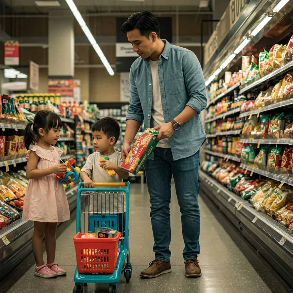 Dad with son and daughter doing grocery shopping.