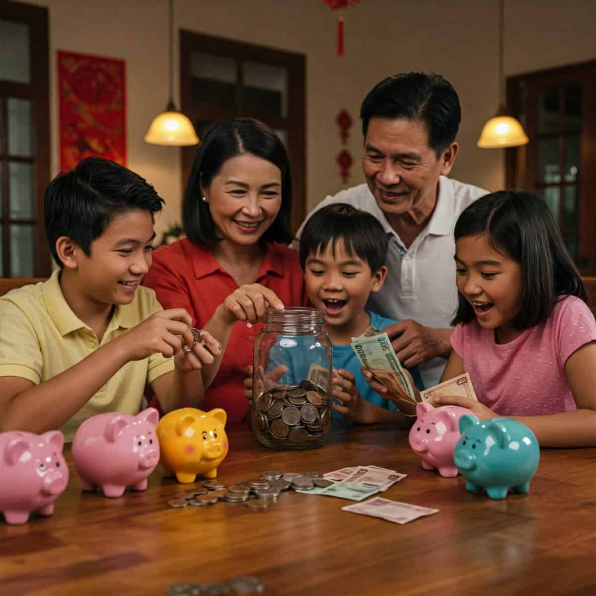 Family saving their money together in piggy banks.