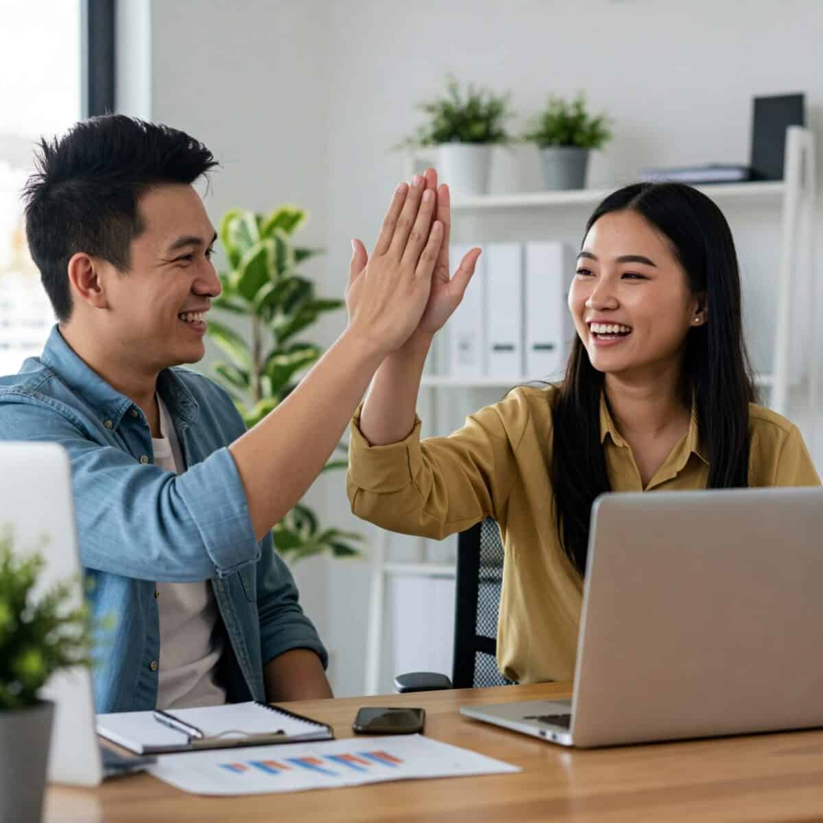 A couple smiling and high-fiving one another as if they have achieved family financial well-being at home.