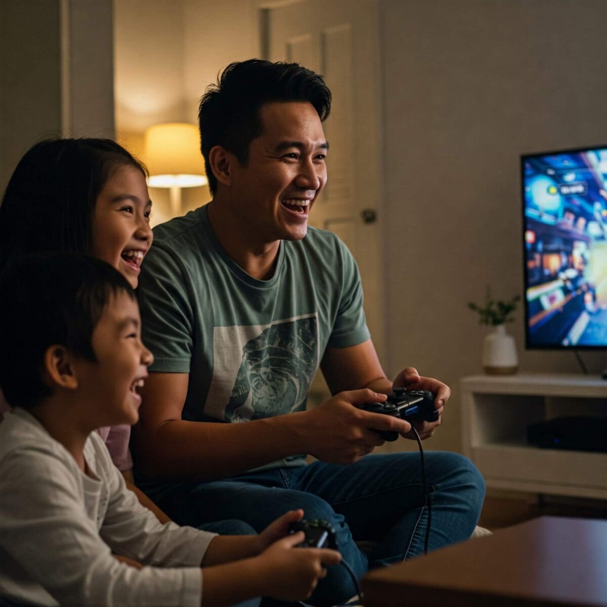Dad playing video game with son and daughter.