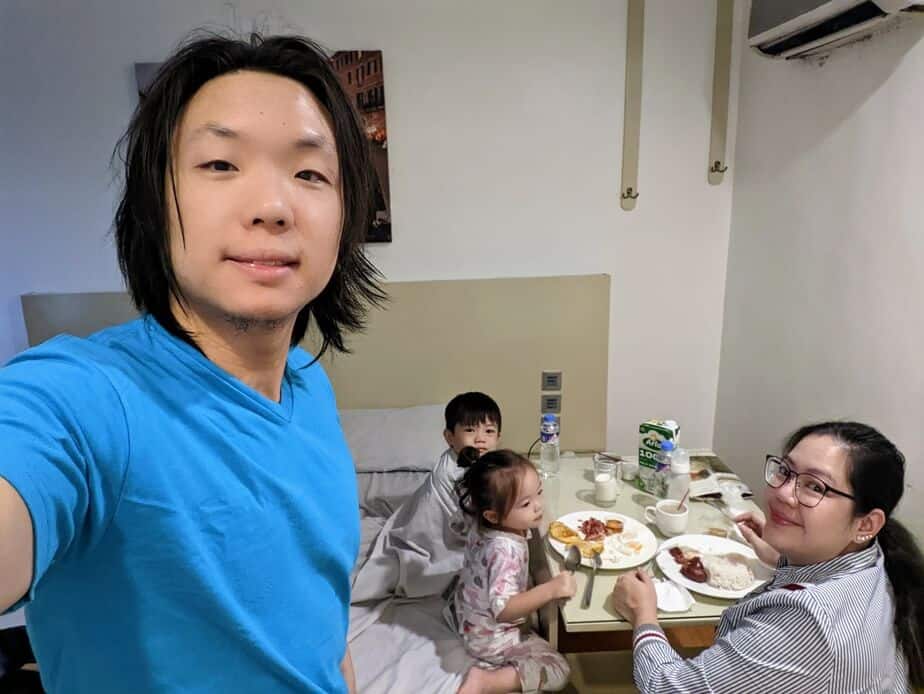 Family breakfast in a hotel.