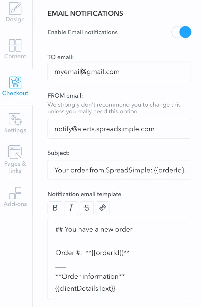 SpreadSimple Email Notification Config.