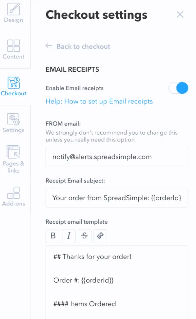 SpreadSimple Email Receipt Config.