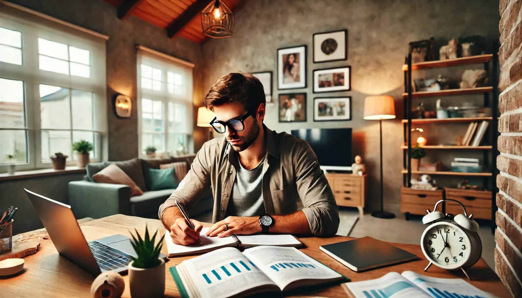 A photograph of a young father immersed in his finance studies. He is sitting at a desk in a cozy, modern living room, with financial books and a laptop in front.