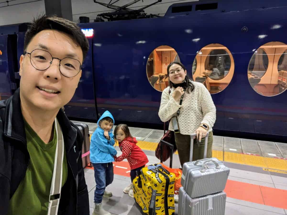 Family riding the train in Japan.