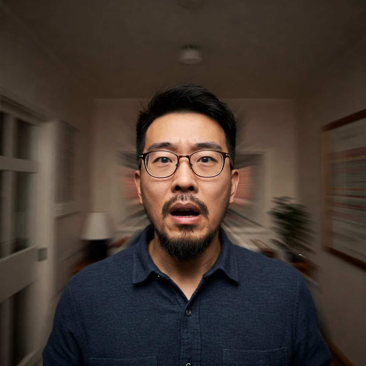 A Chinese man in early thirties with glasses long hair experiencing extreme dizziness, indoors, room spinning, radial blur, motion blur, Dutch angle, photorealistic, high detail