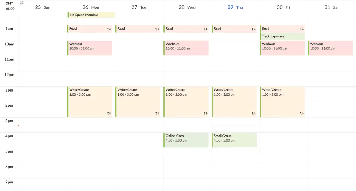 Sample of goals entered into a calendar.